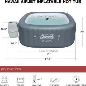 Coleman SaluSpa Atlantis AirJet 4 to 6 Person Inflatable Hot Tub Square Portable Outdoor Spa with 140 Soothing Jets with Cover, Blue