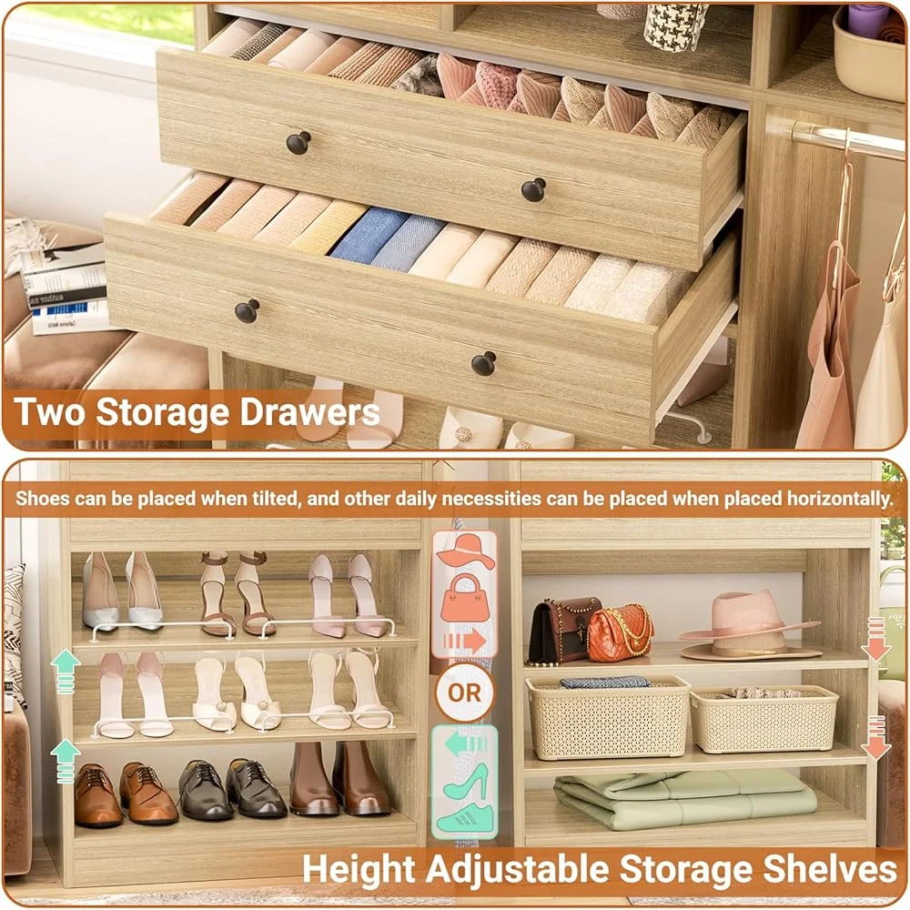 iSunirm 5FT Closet System with Drawers,5FT Closet System with Drawers, 60" Closet Organizer System with 2 Hanging Shelving Perfect Storage Solution for Organizing Your Closet