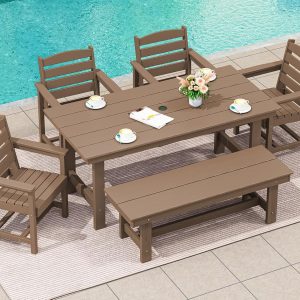 SERWALL 7-Piece Patio Table Set, Outdoor HDPE Dining Furniture with Umbrella Hole, All Weather Table and Chairs for Lawn, Garden, Poolside, Aruba