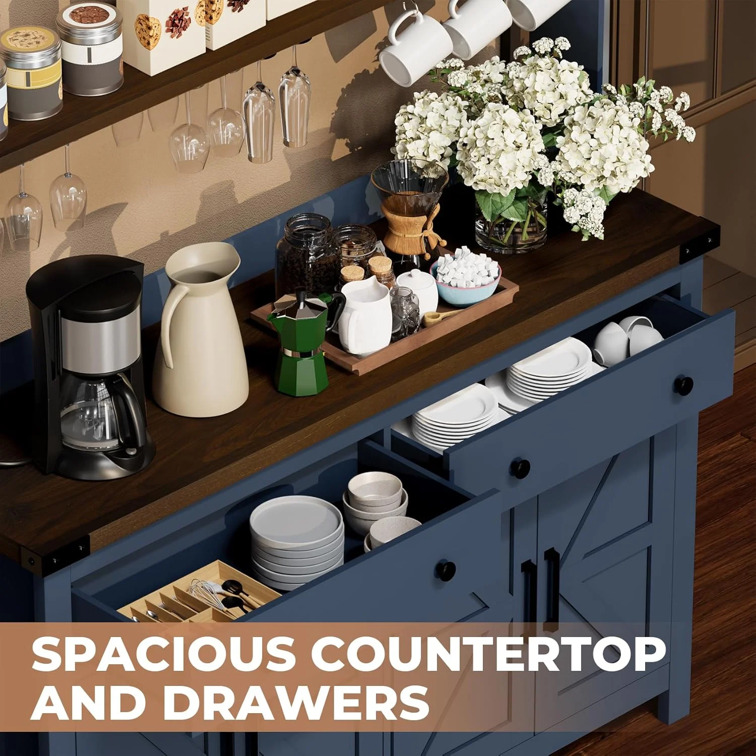 Frmobepts Farmhouse Coffee Bar Cabinet, 60" Tall Bar Cabinet with Drawers & Power Outlet, Sideboard Buffet Cabinet with Storage Barn Door for Kitchen, Dining Room