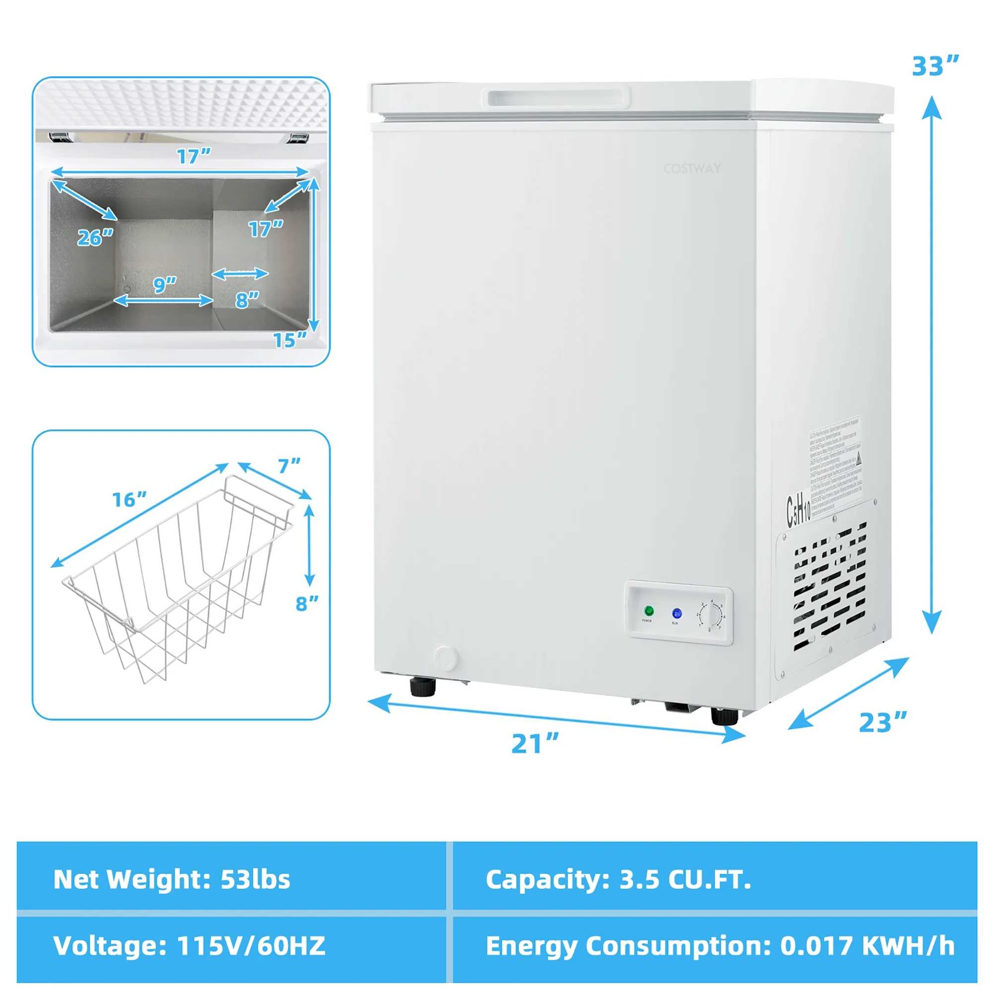 Costway 3.5 Cubic Feet Removable Storage Basket Chest Freezer