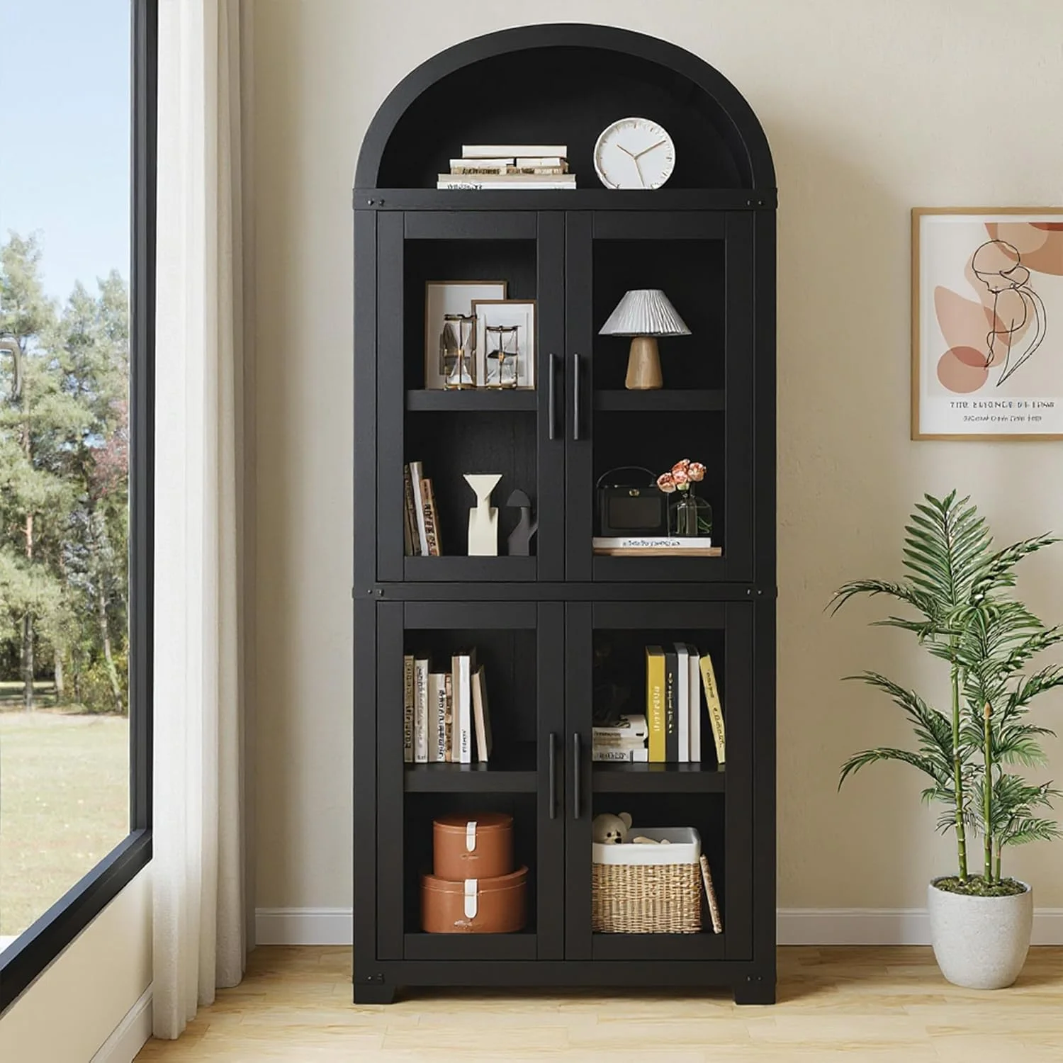 AOILE 72" Tall Arched Farmhouse Bookcase with Doors, Wooden Display Cabinet with Storage Shelves