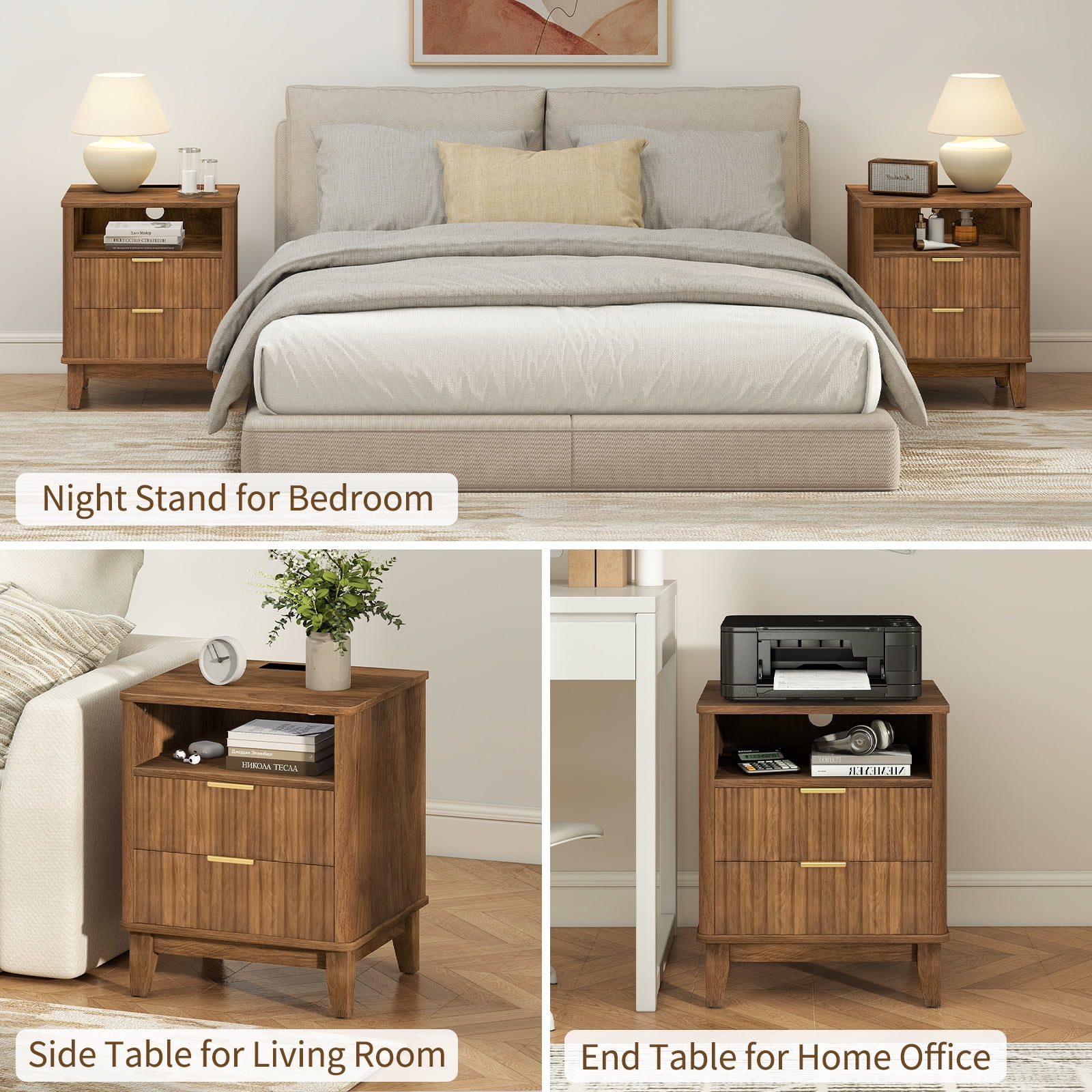 Night Stand with Charger Station, Fluted Nightstand with 2 Drawers and Storage Shelf, Mid Century Modern End Table for Bedroom Living Room,Natural