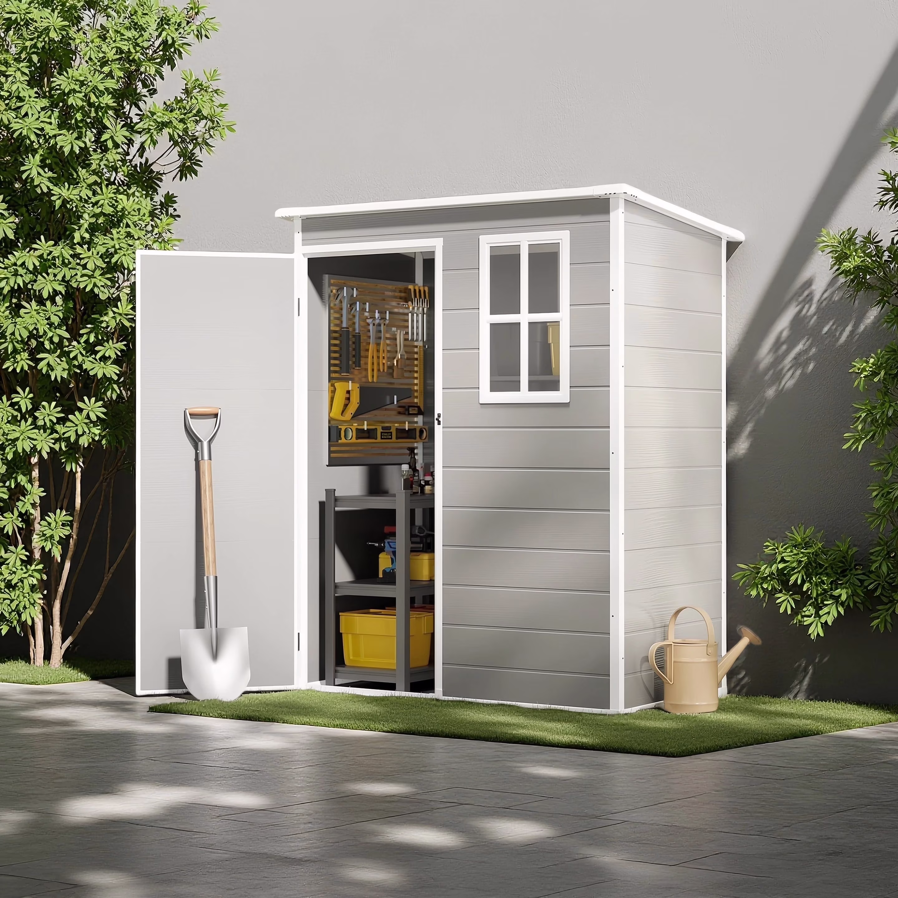 Asofer 6x4 FT Resin Storage Shed, Plastic Outdoor Shed with Floor-Side Window, Lockable Door for Backyard, Garden, Patio, Gray