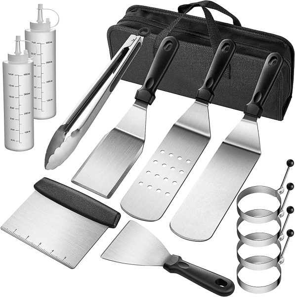 12 Pcs Griddle Accessories Kit, Flat Top Grill Accessories Kit Barbecue Tools Set with Spatula Scraper Tongs Cooking Utensils Carrying Bag for Outdoor Camping