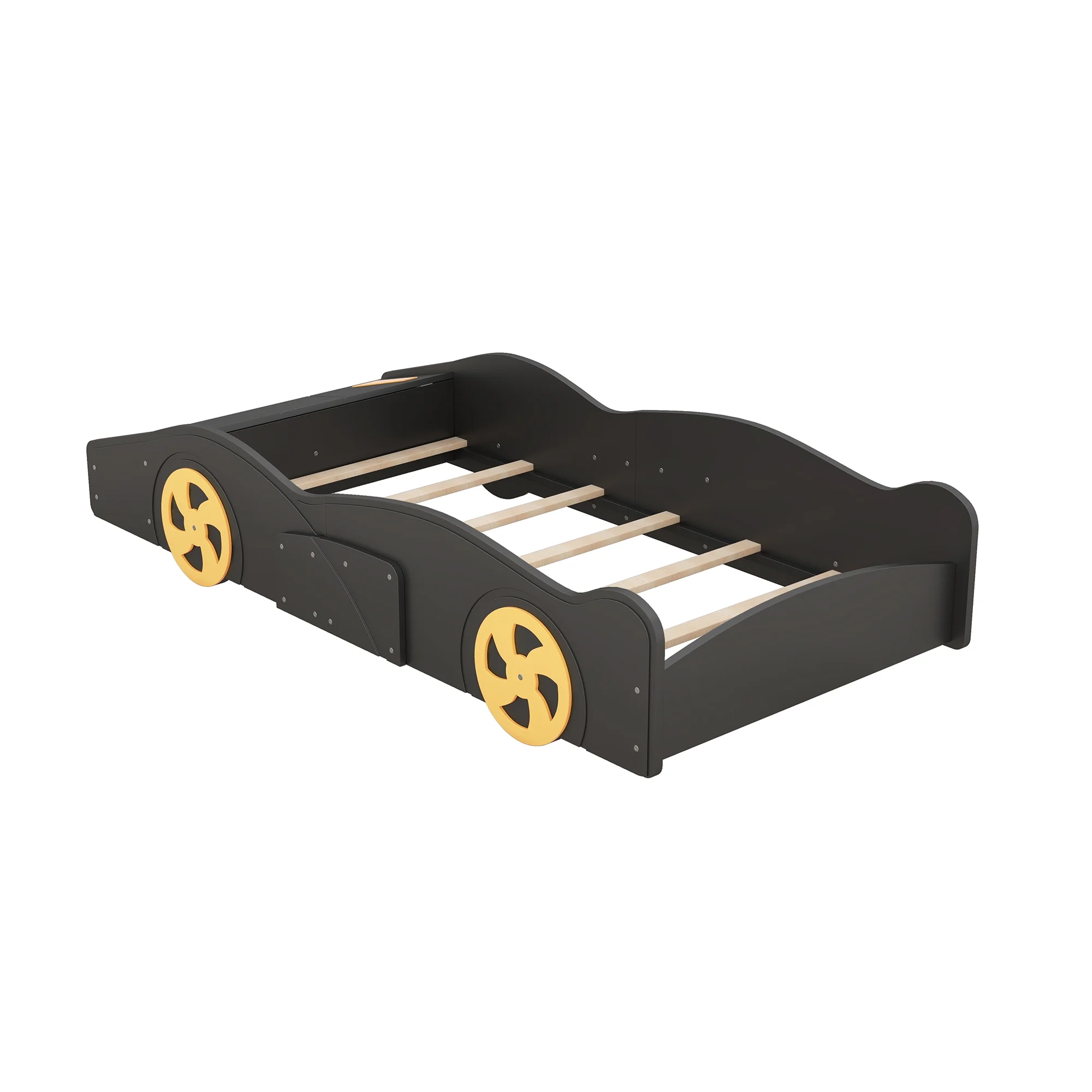Euroco Car-Shaped Twin Size Platform Bed with Tires and Storage Cabinet for Kids Bedroom, Black
