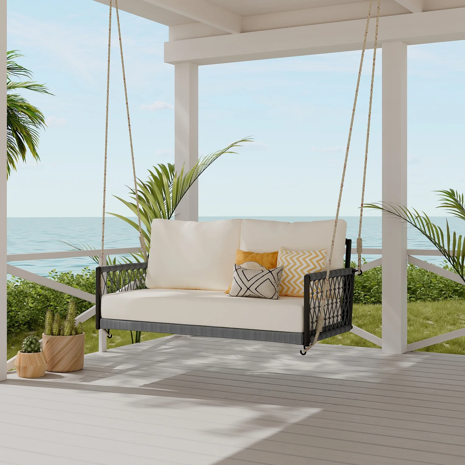 Harper & Bright Designs PE Ratten Porch Swing Chair, 2-Seater Hanging Swing Bench with Chains, All Weather Design Patio Furniture Swing for Backyard Garden Poolside, Grey and White