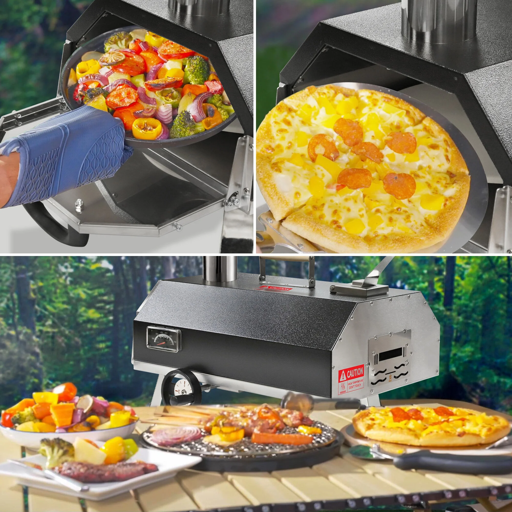 BBQ Utensils Silver Pizza Oven Outdoor 12" Semi-Automatic Rotatable Pizza Ovens Portable Stainless Steel Wood Fired Pizza Oven Pizza Maker with Built-in Thermometer Pizza Cutter Carry Bag,Outdoor Gri