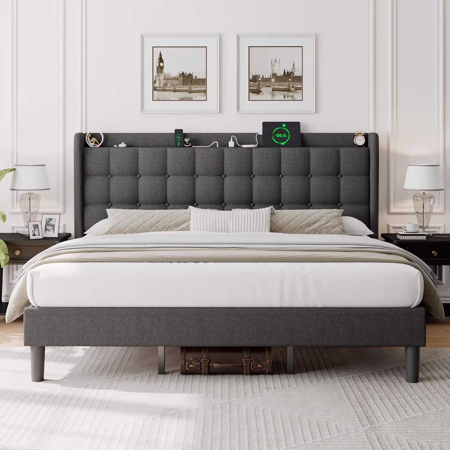 ipormis Full Size Bed Frame with Charging Station-Upholstered Platform Bed Frame with Wingback Storage Headboard, No Box Spring Needed,Light Grey