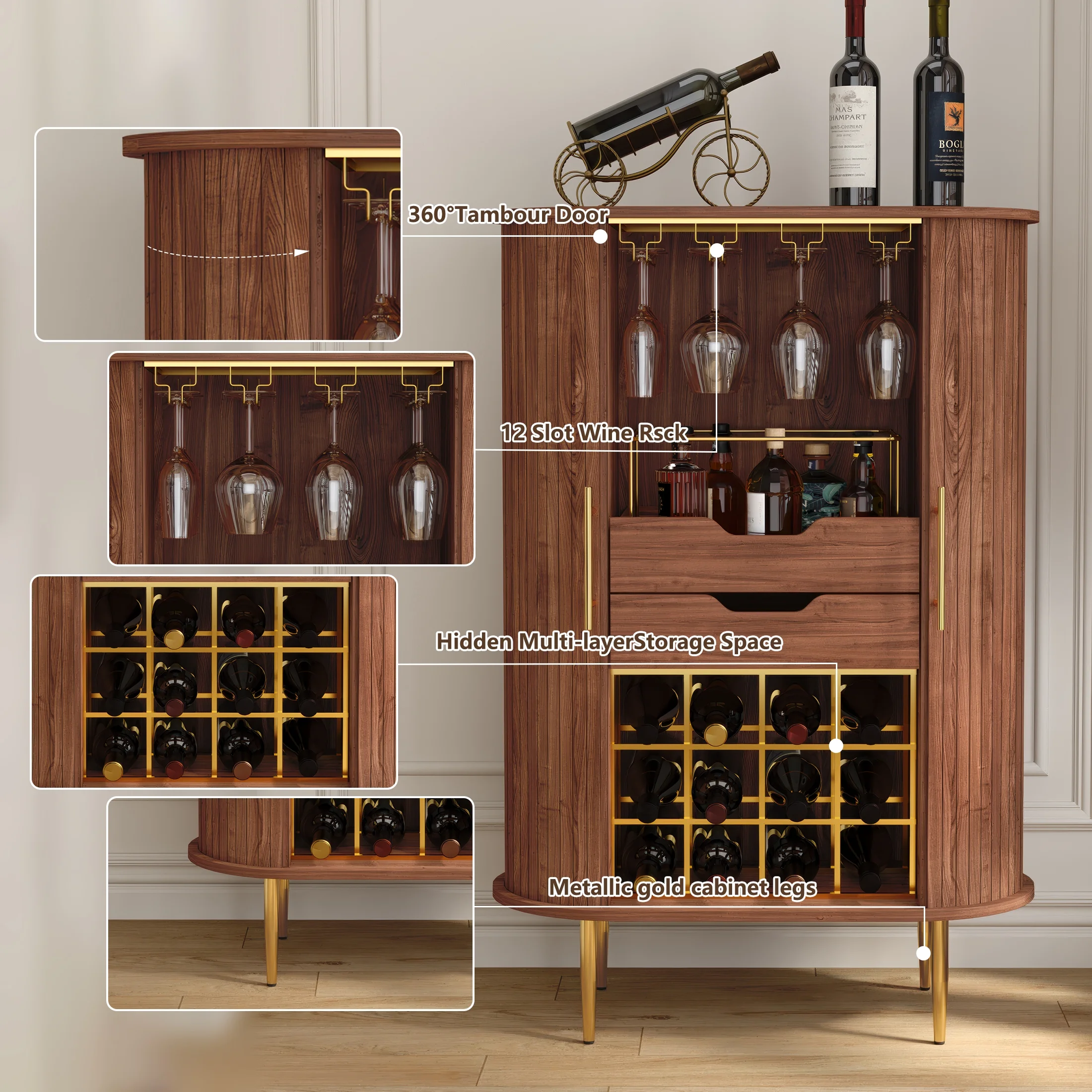 HLR Coffee Bar Cabinet with Tambour Door: Wine Rack, Glass Holder, & Storage Buffet for Home & Living Room Brown