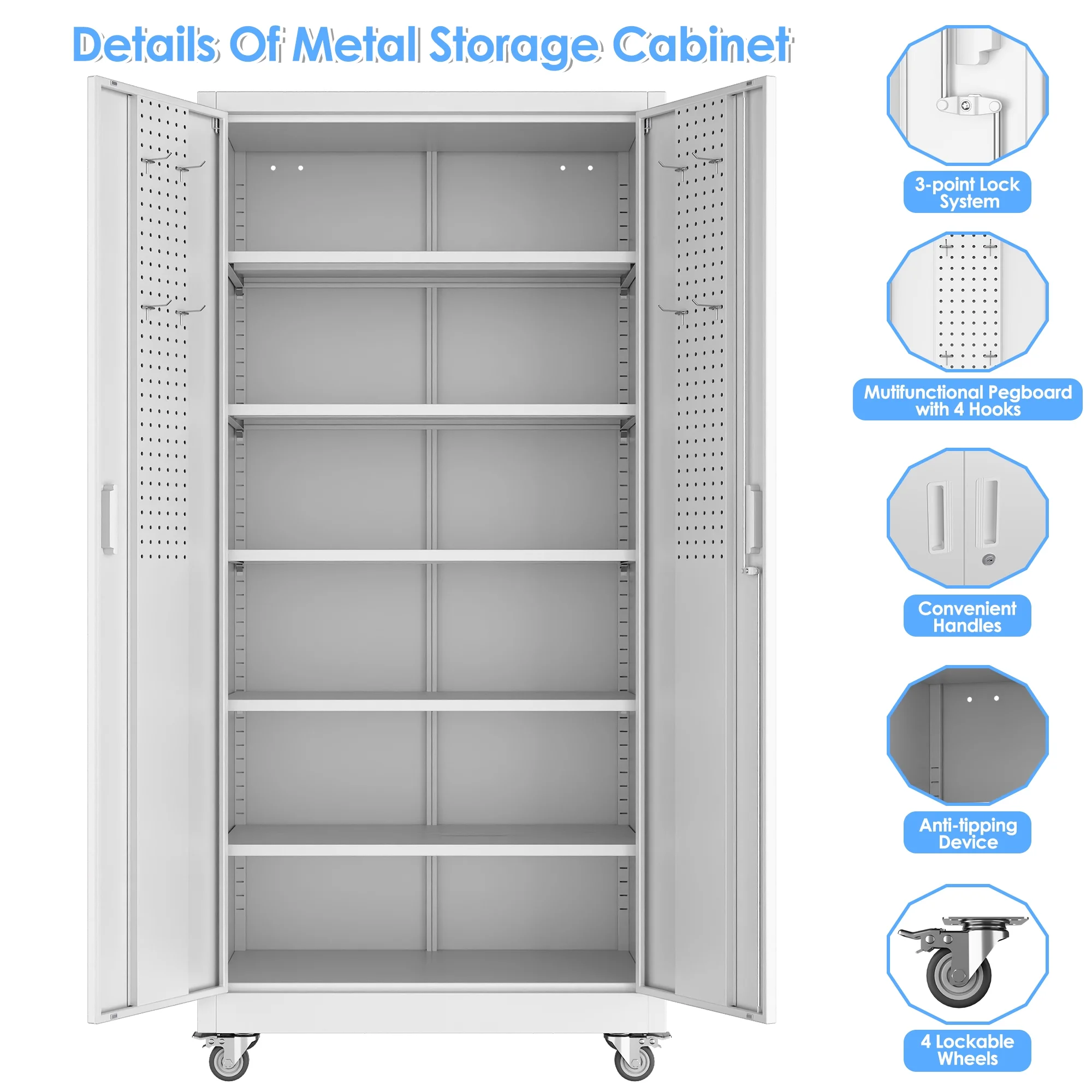 GangMei 71-Inch Metal Lockable Storage Cabinet with Pegboards and 5 adjustable shelves, White, Assembly Required