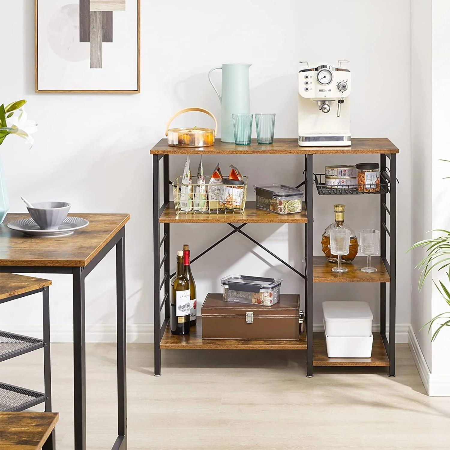 Dinaza Kitchen Bakers Rack Coffee Bar Microwave Oven Stand with Wire Basket & 6 Side Hooks Kitchen Organizer Shelf for Spices Utensils Foods Rustic Brown