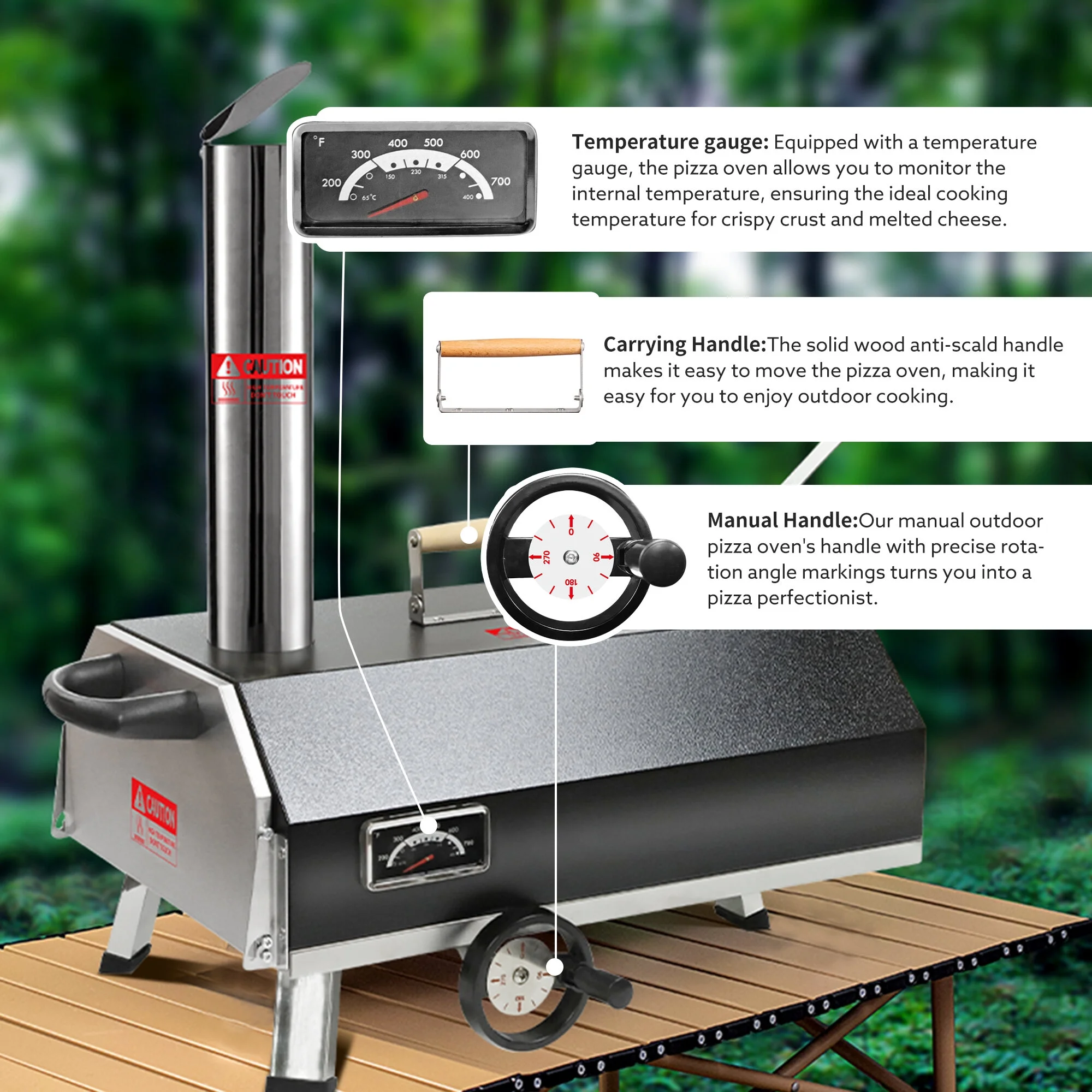 BBQ Utensils Silver Pizza Oven Outdoor 12" Semi-Automatic Rotatable Pizza Ovens Portable Stainless Steel Wood Fired Pizza Oven Pizza Maker with Built-in Thermometer Pizza Cutter Carry Bag,Outdoor Gri
