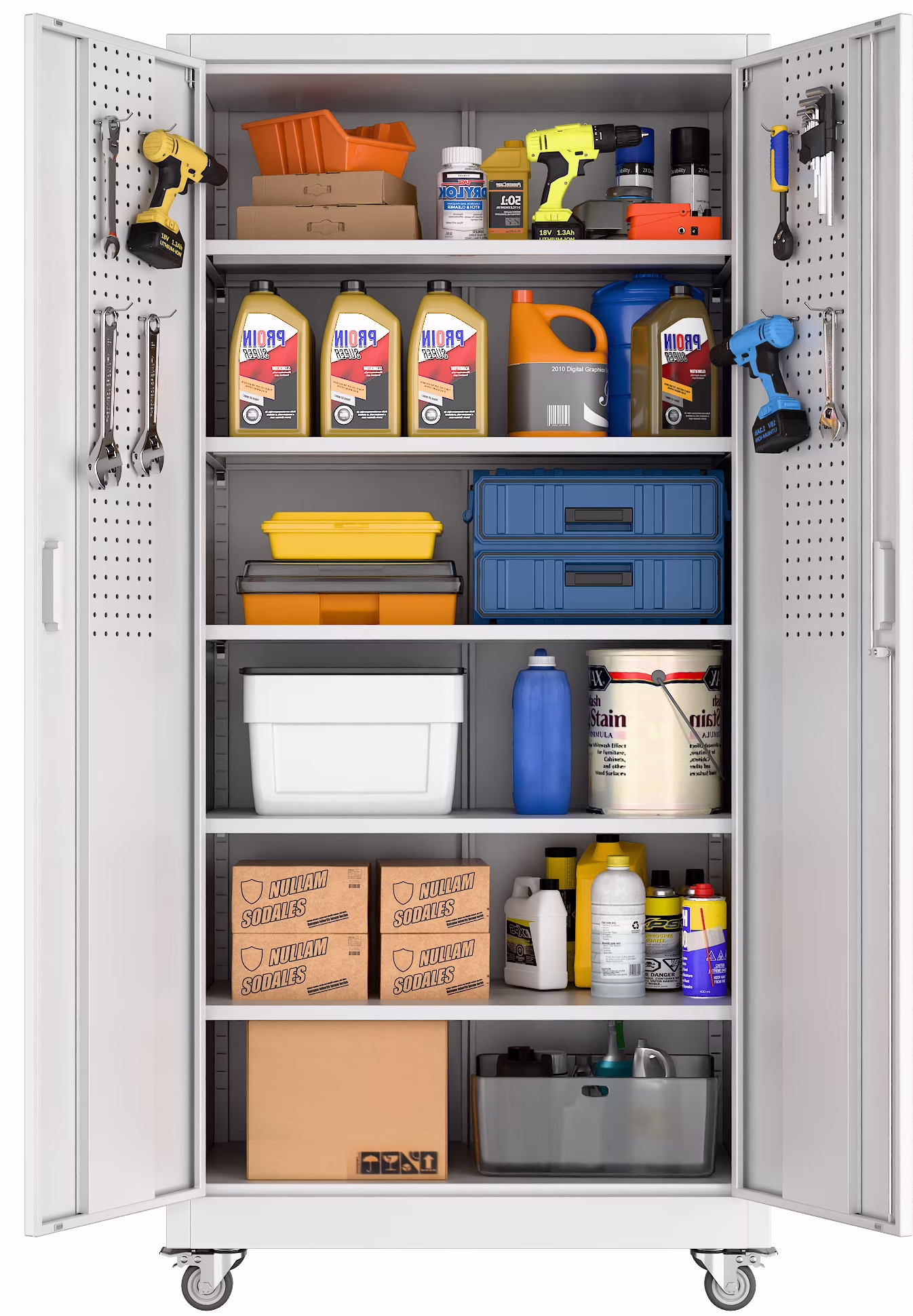 GangMei 71-Inch Metal Lockable Storage Cabinet with Pegboards and 5 adjustable shelves, White, Assembly Required