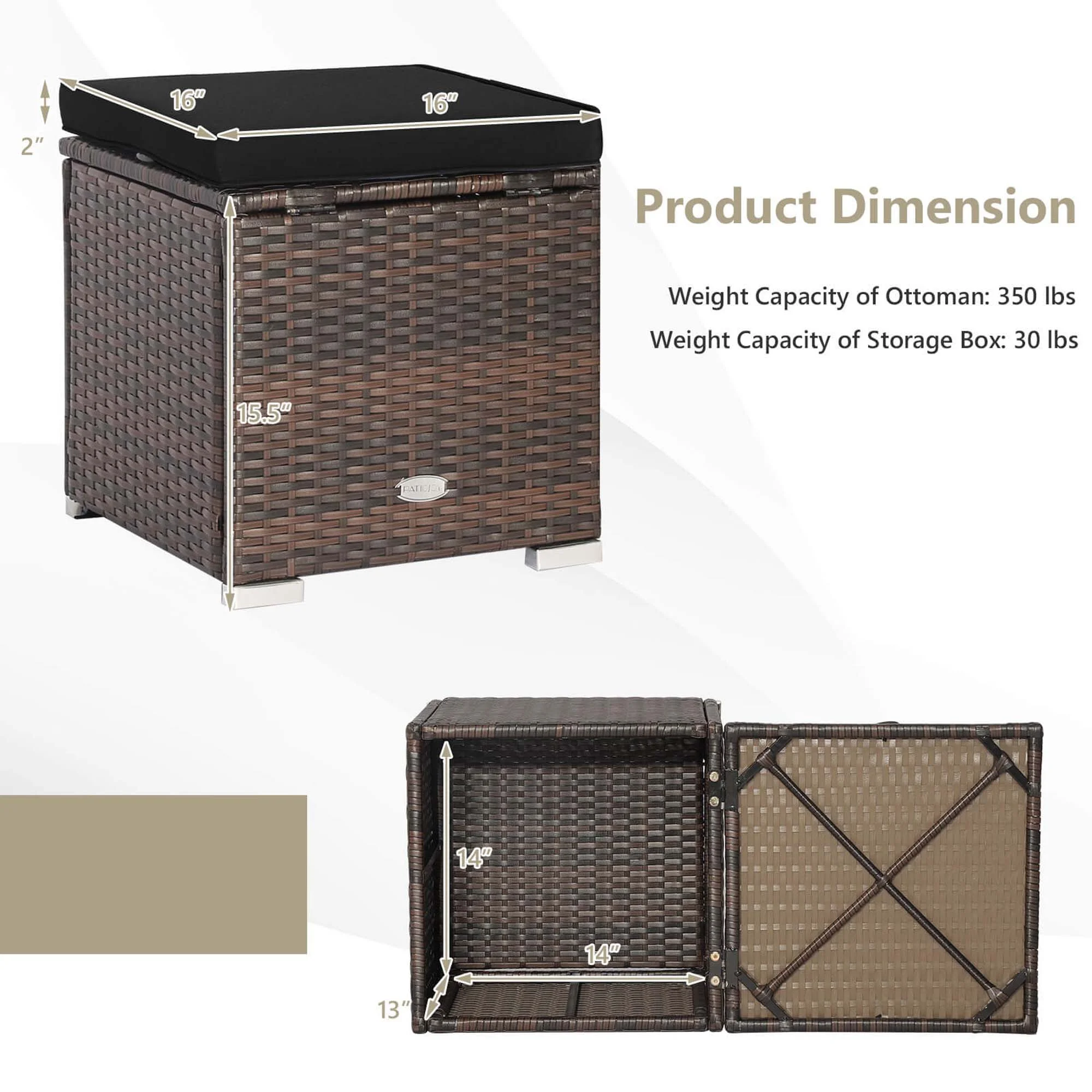 Costway 2PC Patio Rattan Ottoman Seat Side Table Storage Box Footrest Off White