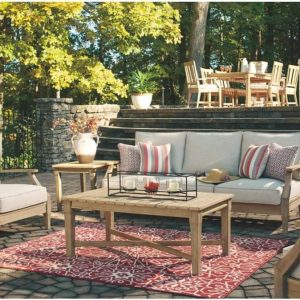 Signature Design by Ashley Clare View Coastal Outdoor Patio Eucalyptus Sofa with Cushions, Beige