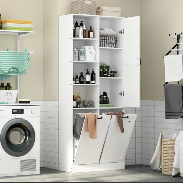 Storage cabinet with laundry basket, display cabinet