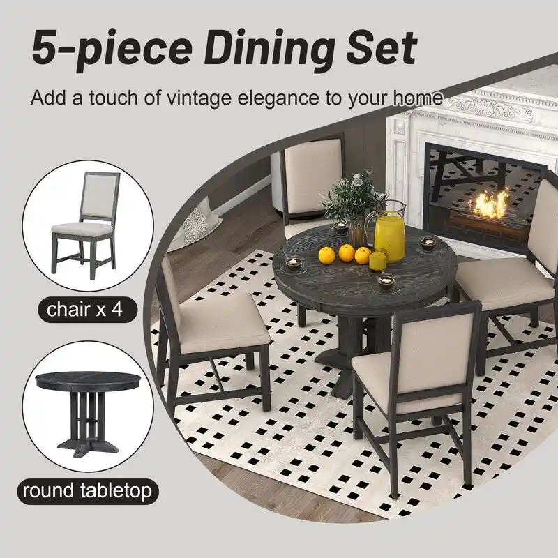 5-Piece Dining Set Extendable Round Table and 4 Upholstered Chairs Farmhouse Dining Set for Kitchen, Dining Room