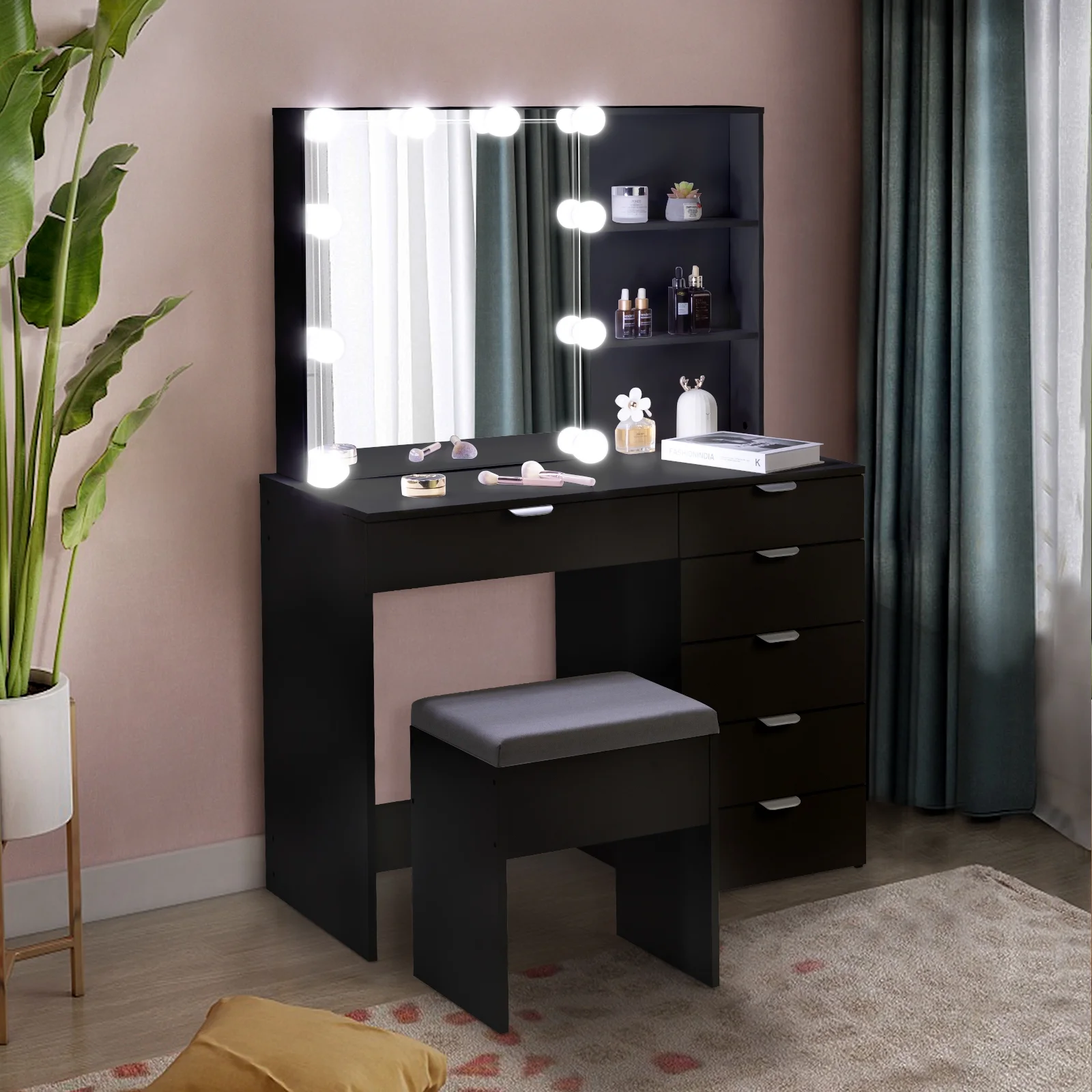 Ktaxon Vanity Set with 3 Color Lighted Mirror, Makeup Table with 6 Drawers, Dressing Table Makeup Desk with Stool, White