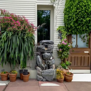 Rock Water Fountain Outdoor 6-Tiers Waterfall Fountain with LED Lights for Garden, Living Room, Patio, Home Decor