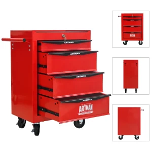 Tool Cabinets 4 Drawers Multifunctional Tool Cart with Wheels,Metal Rolling Tool Cart Storage for Garage Workshop Warehouse Repair Shop--With Stainless Steel Roof- Red&Black,Garage Tool Cabinets