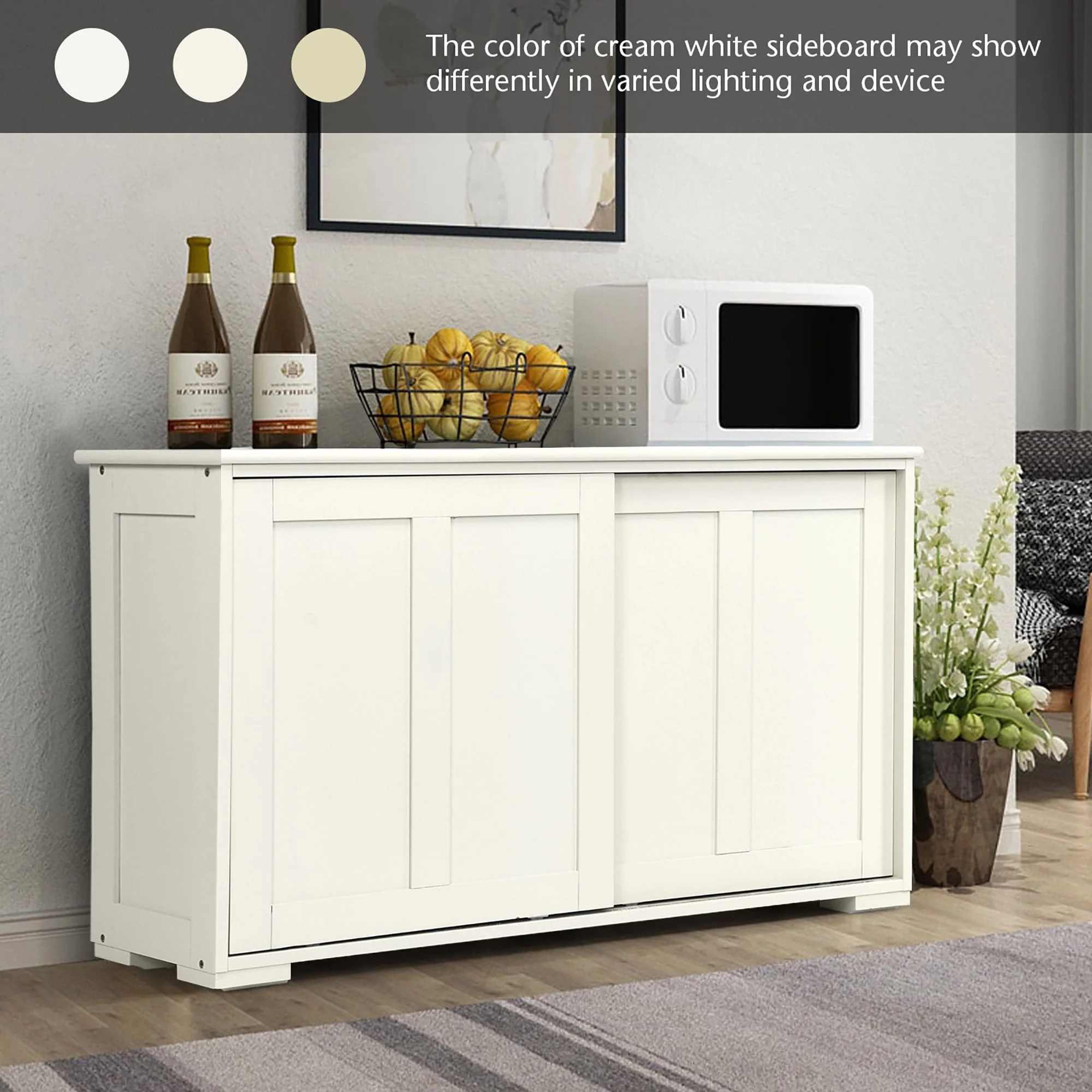 Costway Kitchen Storage Cabinet Sideboard Buffet Cupboard Wood Sliding Door Pantry Cream White