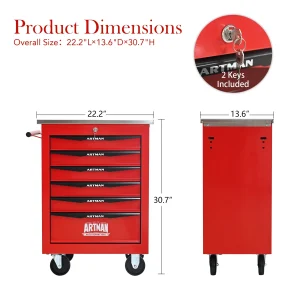 Tool Cabinets 4 Drawers Multifunctional Tool Cart with Wheels,Metal Rolling Tool Cart Storage for Garage Workshop Warehouse Repair Shop--With Stainless Steel Roof- Red&Black,Garage Tool Cabinets