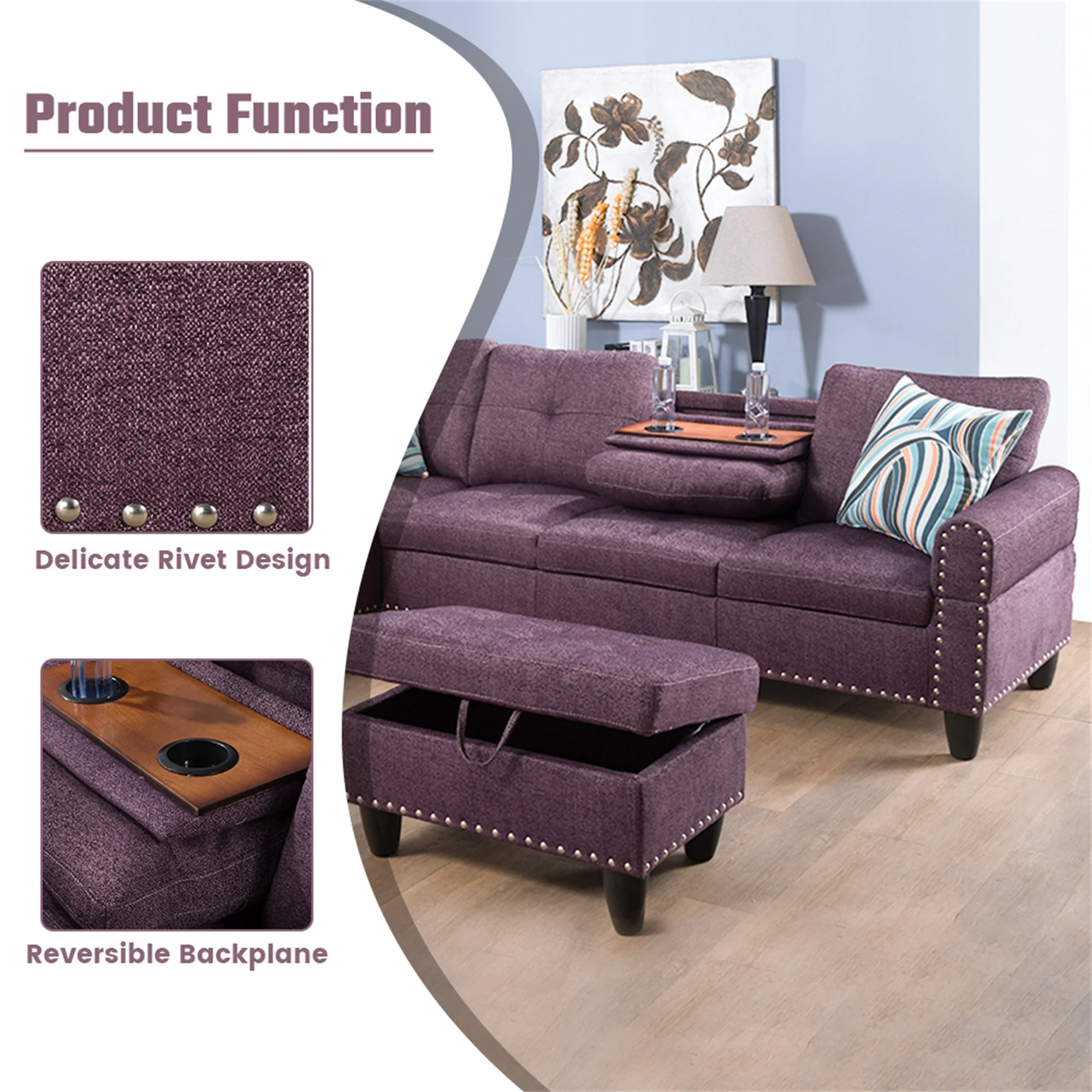 Aukfa 3 Piece Sectional Sofa, Living Room Couch with Storage Ottoman&Cup Holder, Linen, Right Hand, Purple