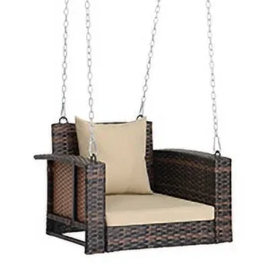 Zimtown Patio Rattn Wicker Swing, Outdoor Bench w/ Blue Cushion, Outdoor Seat Garden Swing for 2 Person