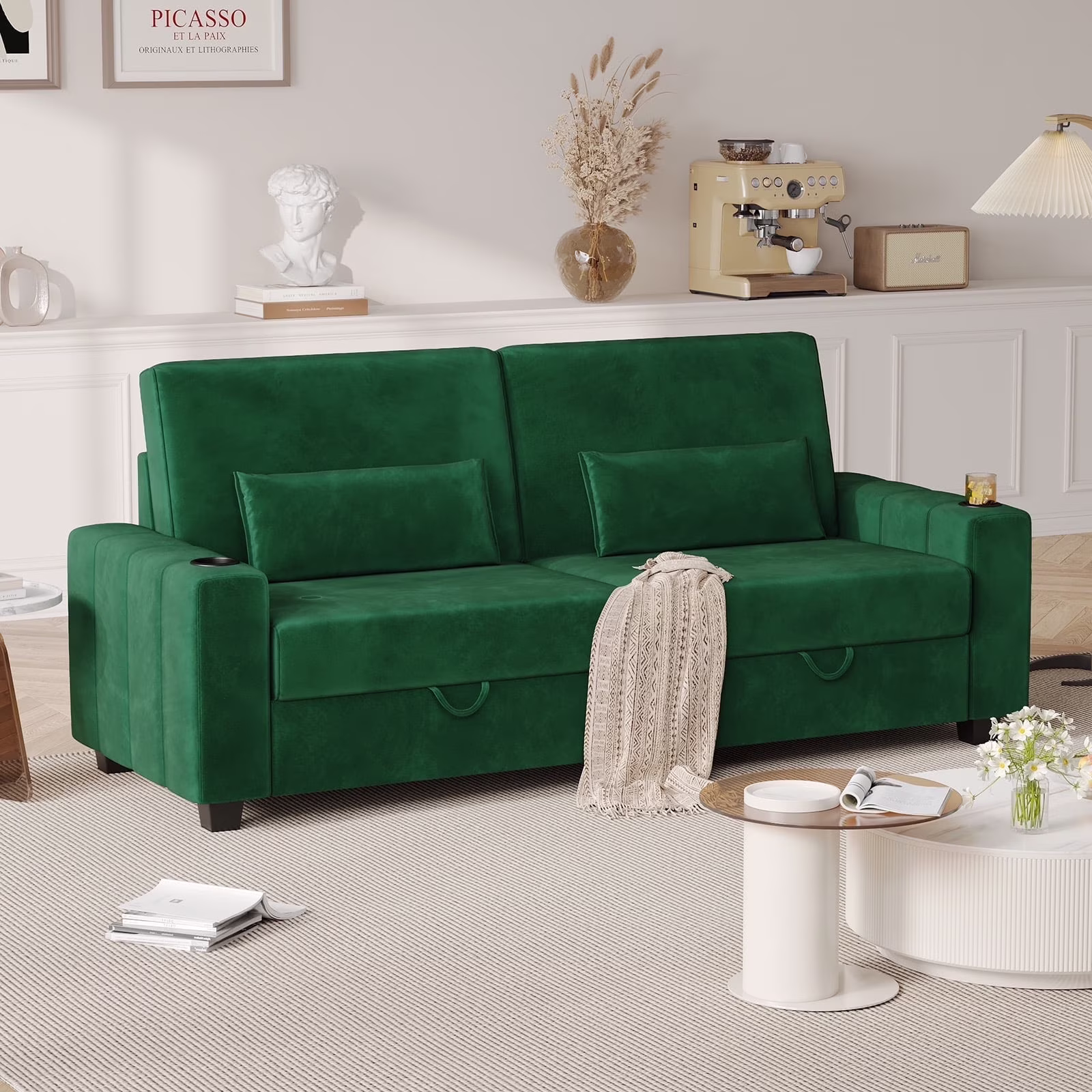 87-Large Loveseat Sofa, 3 Seater Couch with Storage, Velvet Fabric Deep Seat Sofa with Pillow& Cup Holders, Modern Comfy Sofa with USB& Type-C Ports, Home Sofa Couch for Living Room Bedroom