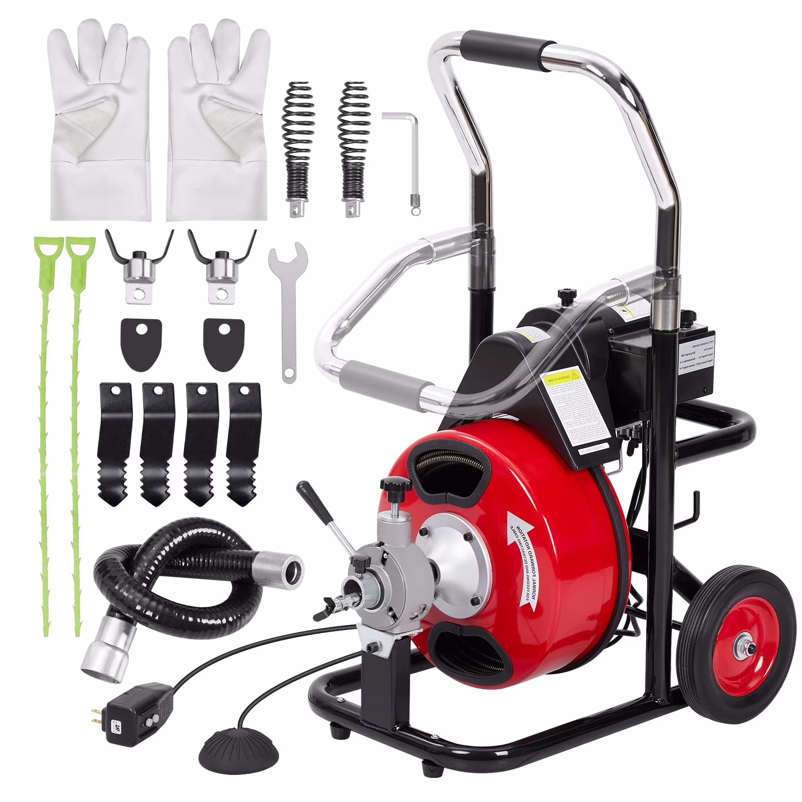 Electric Drain Cleaning Machine , Powerful Electric Auger, Sewer Snake with 4 Cutters, Air-Activated Foot Switch, and Wheels