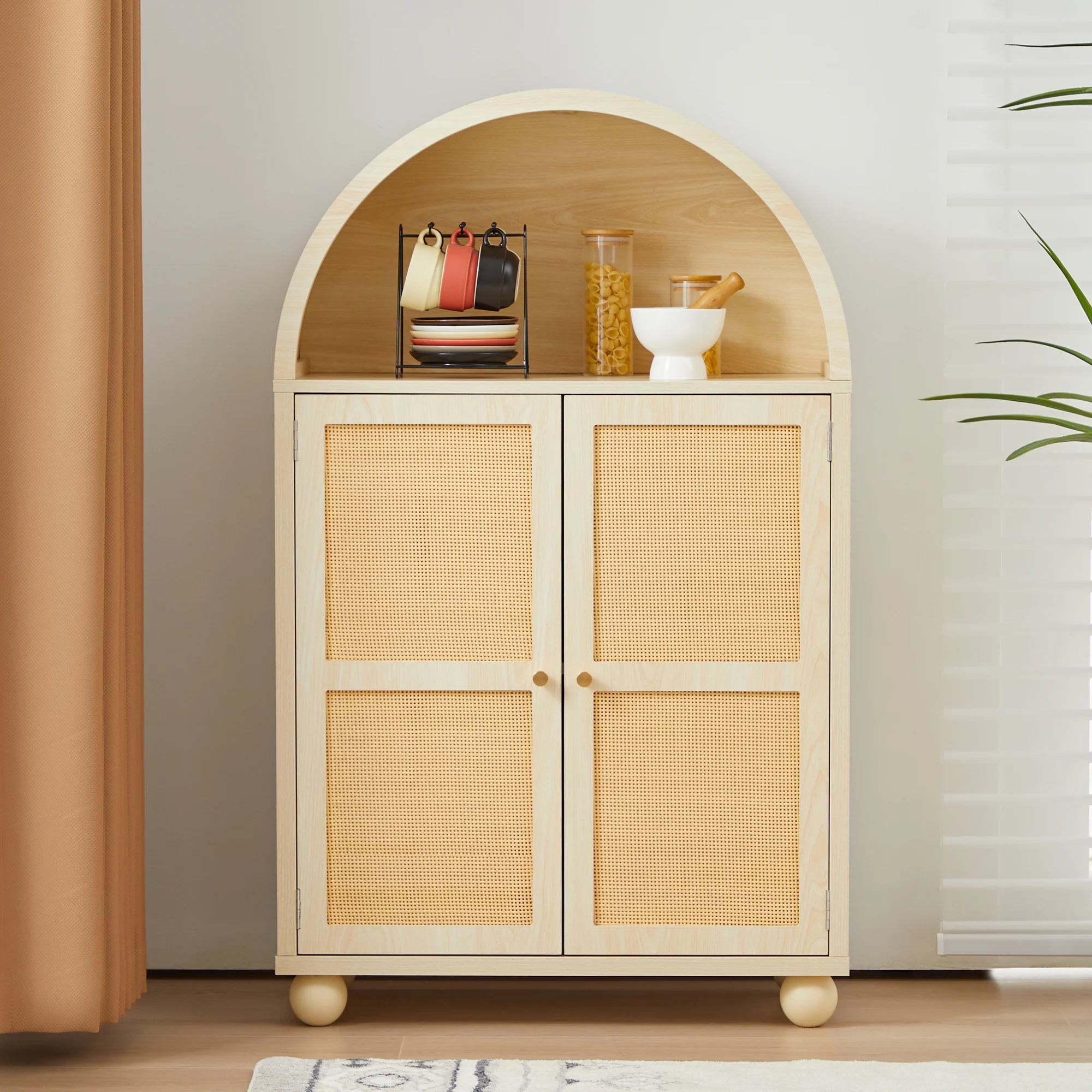 Wirrytor Arched Kitchen Storage Cabinet, Sideboard Buffet Cabinet with 2-Tier and 2 Doors, Black Sideboard, Kitchen Pantry Cabinet, Wooden Storage Cabinet for Living Room