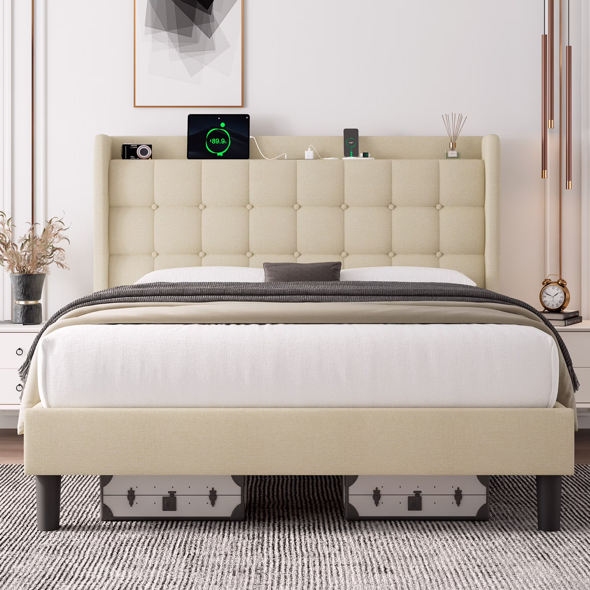 ipormis Full Size Bed Frame with Charging Station-Upholstered Platform Bed Frame with Wingback Storage Headboard, No Box Spring Needed,Light Grey