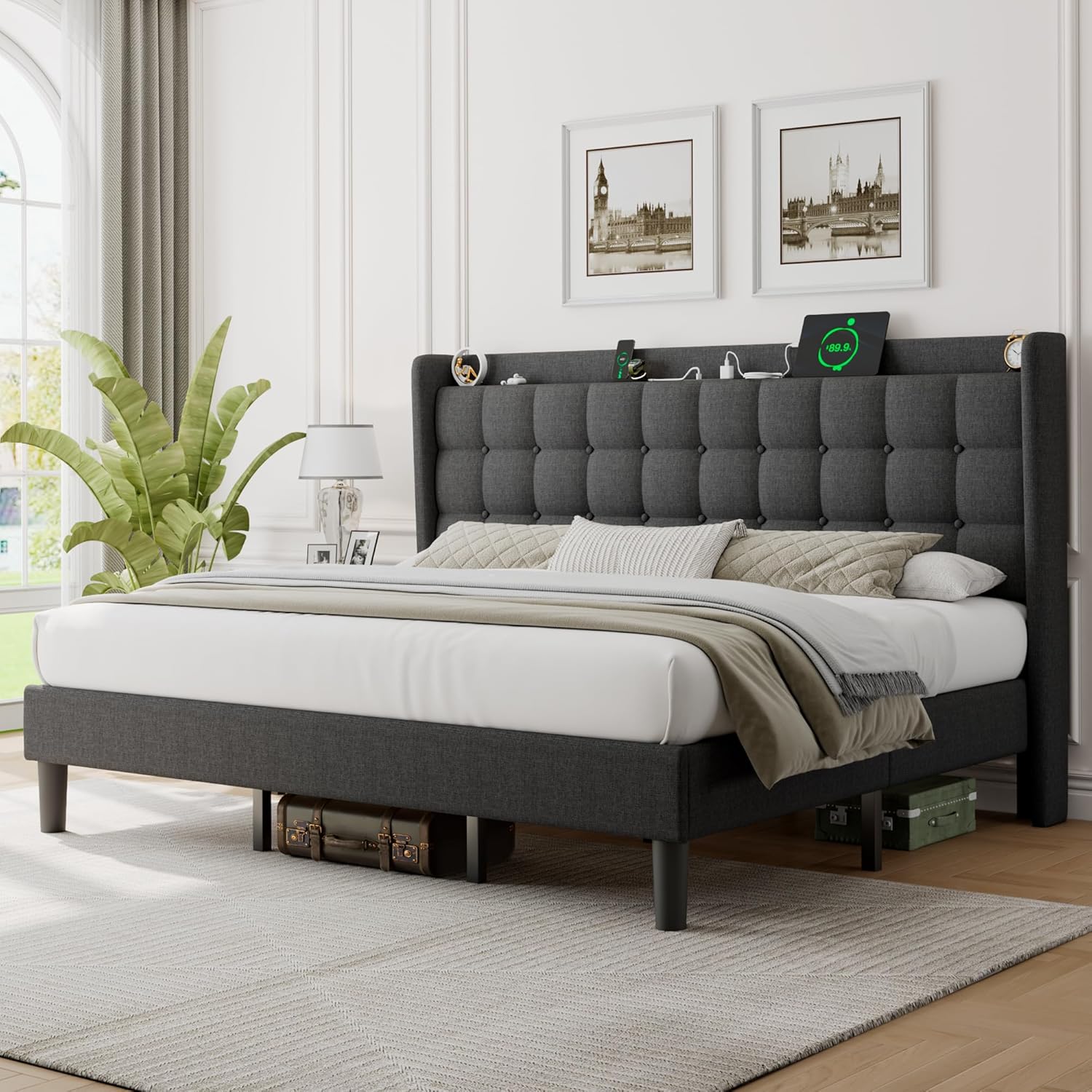 ipormis Full Size Bed Frame with Charging Station-Upholstered Platform Bed Frame with Wingback Storage Headboard, No Box Spring Needed,Light Grey
