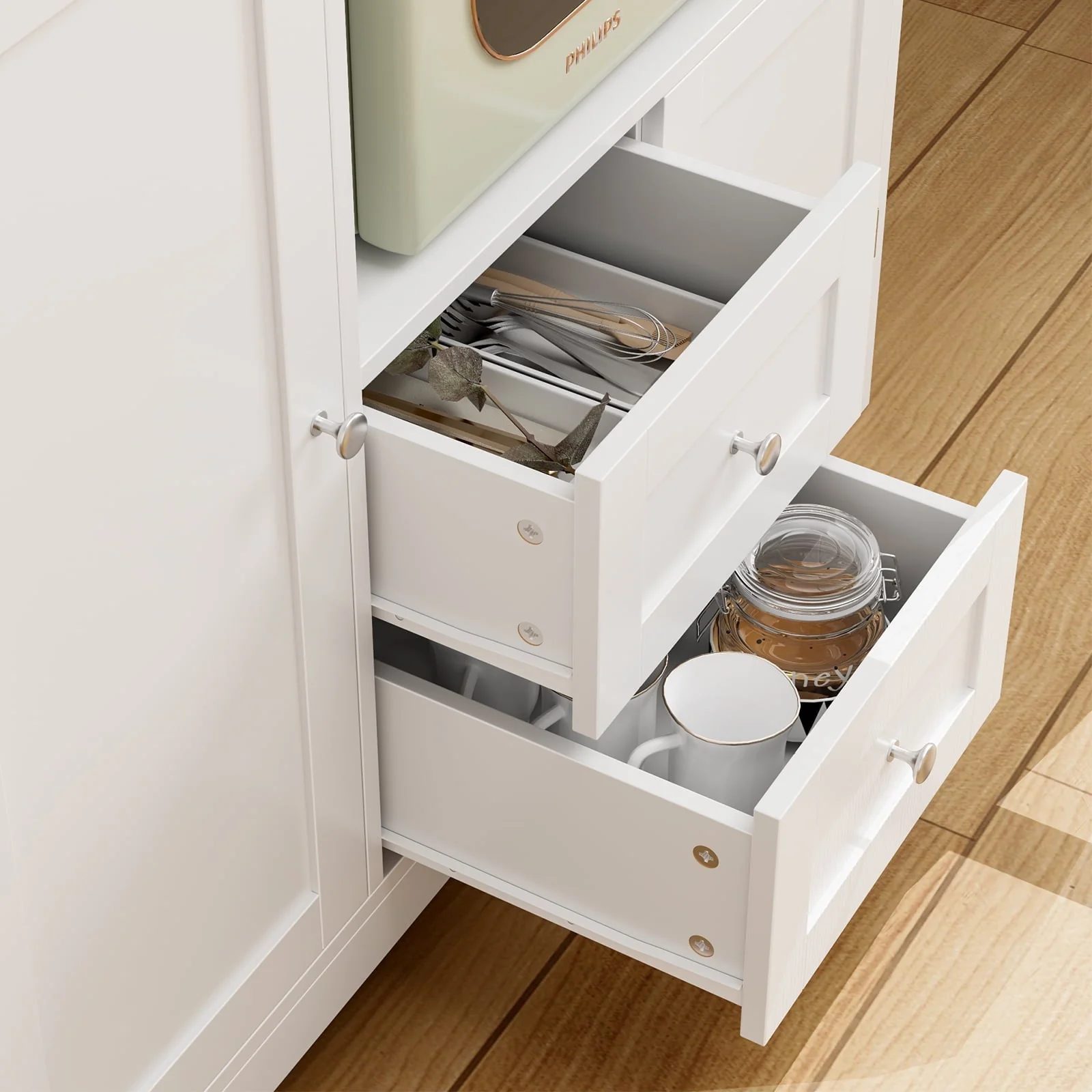 Homfa 40'' Kitchen Storage Cabinet, Buffet Cabinet Sideboard with Drawers and Adjustable Shelves, Microwave Cabinet for Dining Room, White