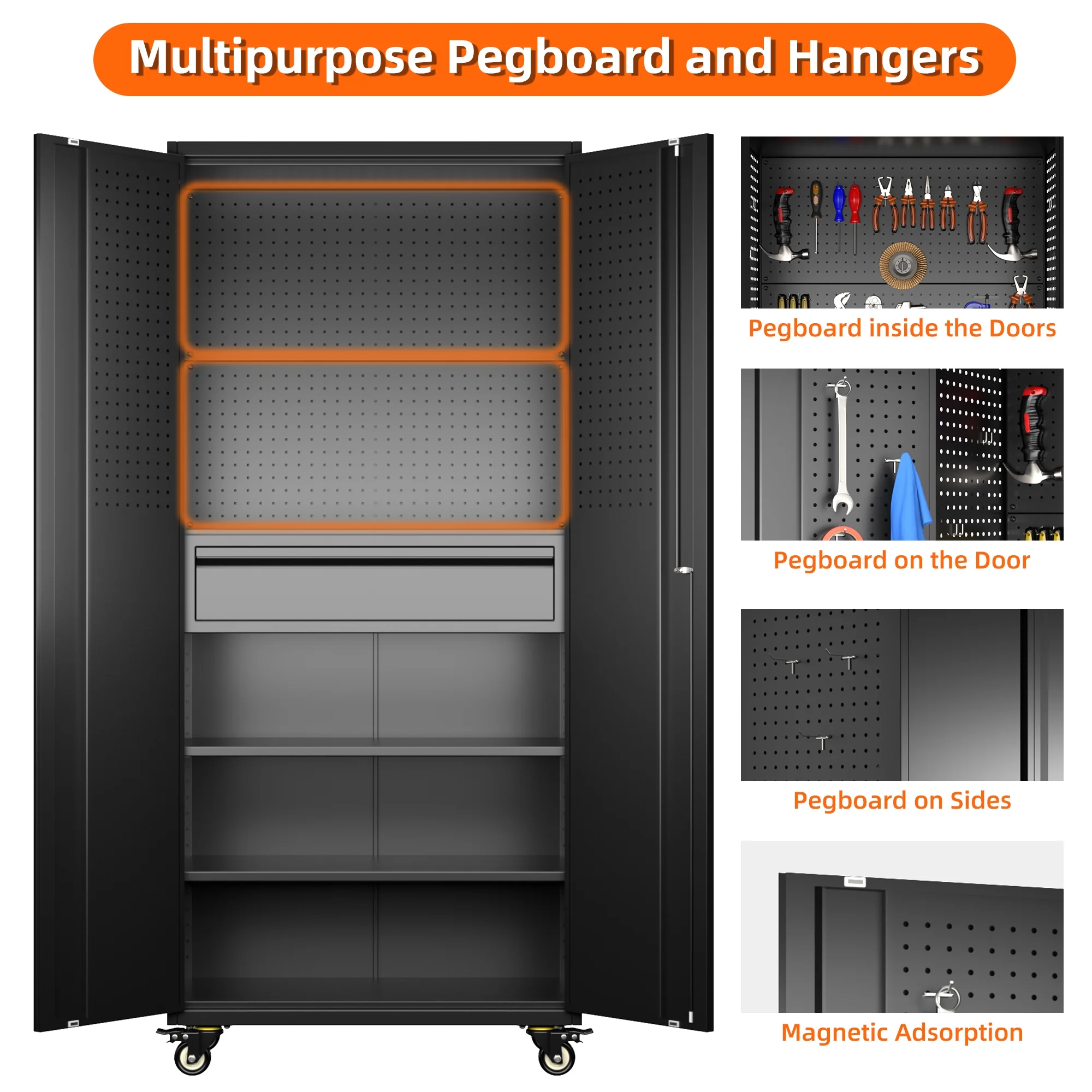 GangMei 71-Inch Metal Lockable Storage Cabinet with Pegboards and 5 adjustable shelves, White, Assembly Required