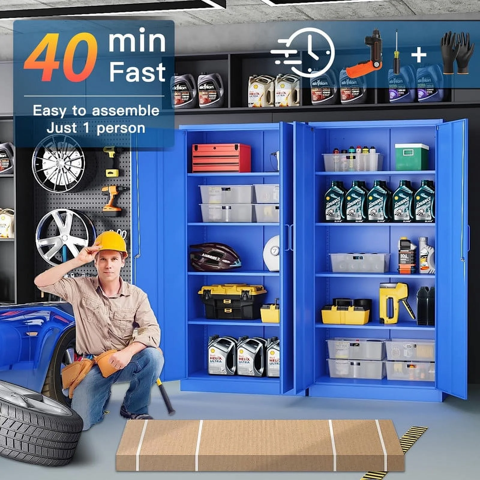 Fesbos Metal Garage Storage Cabinet with 2 Doors and 4 Adjustable Shelves - 71" Steel Lockable File Cabinet,Locking Tool Cabinet for Office,Home,Garage,Gym (Blue)