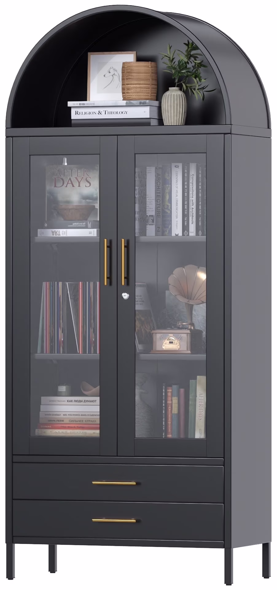 SUXXAN Metal Arched Storage Display Lockable Cabinets with Glass Doors and Adjustable Shelves, Assembly Required, Black