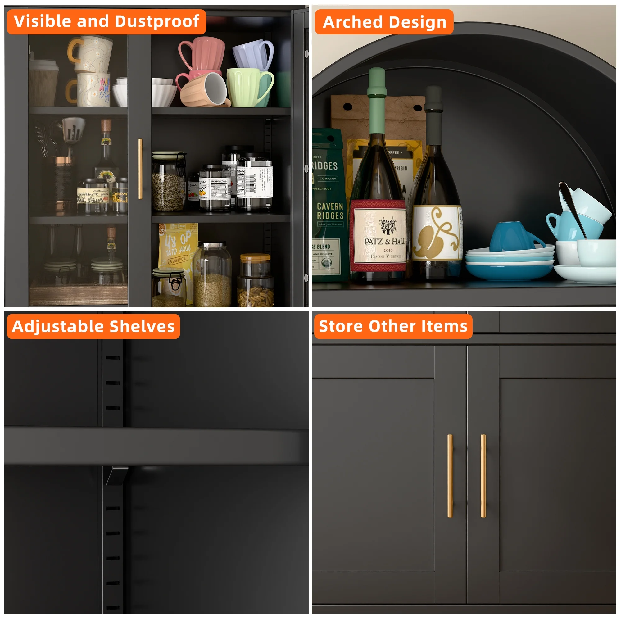 SUXXAN Metal Arched Storage Display Lockable Cabinets with Glass Doors and Adjustable Shelves, Assembly Required, Black