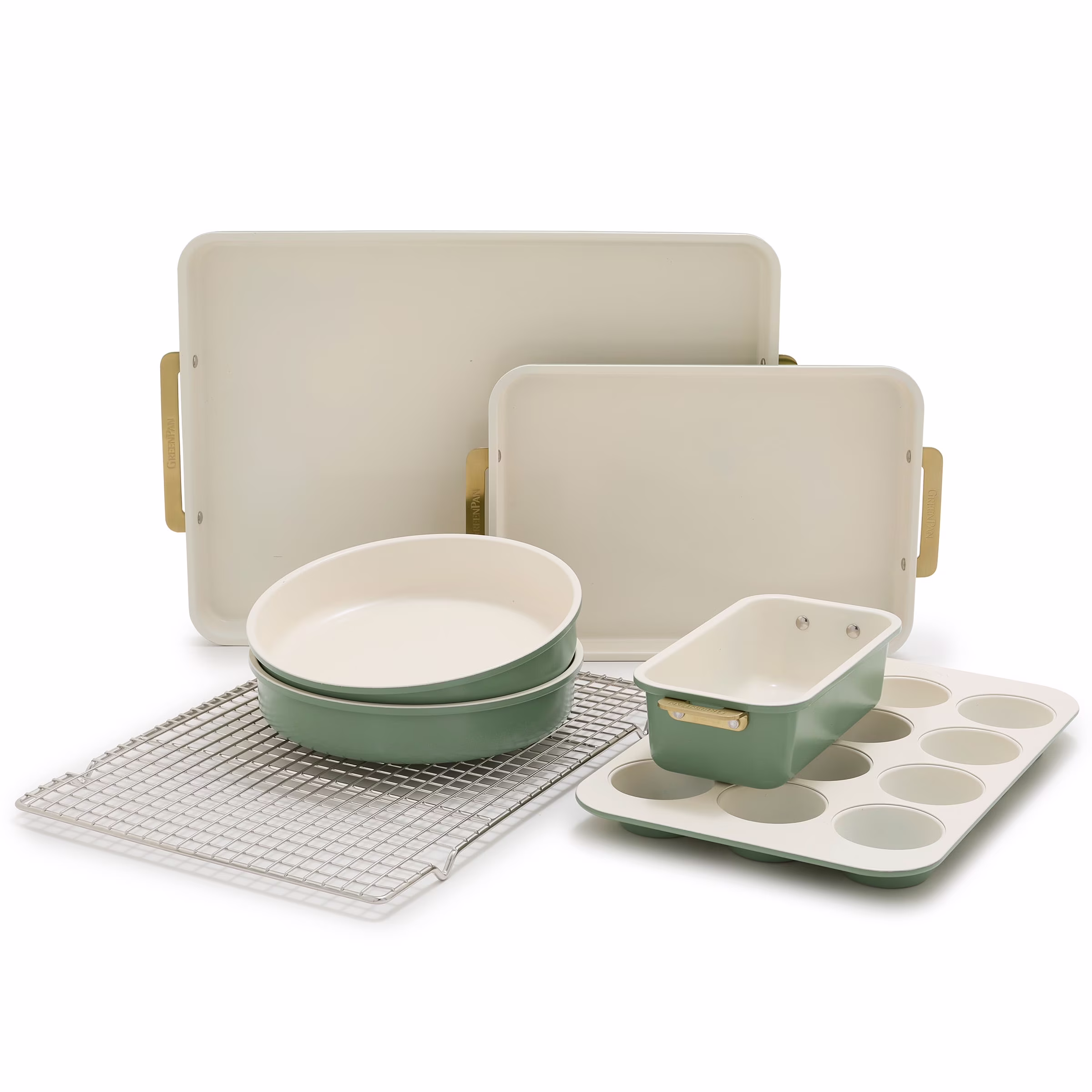 GreenPan Bakeware Set, 7 Piece Nonstick Ceramic Baking Sheets, Cake Pans, Loaf Pan, Muffin Tin, Cooling Rack, Green