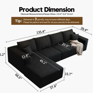 107.5" Cloud Modular Sectional Sofa Couch with L-Shape Chaise,Modern Minimalist Upholstered Couches for Living Room Bedroom,Deep Seat Corner Couch .No Assembly Required (Black,Left Facing Chaise)