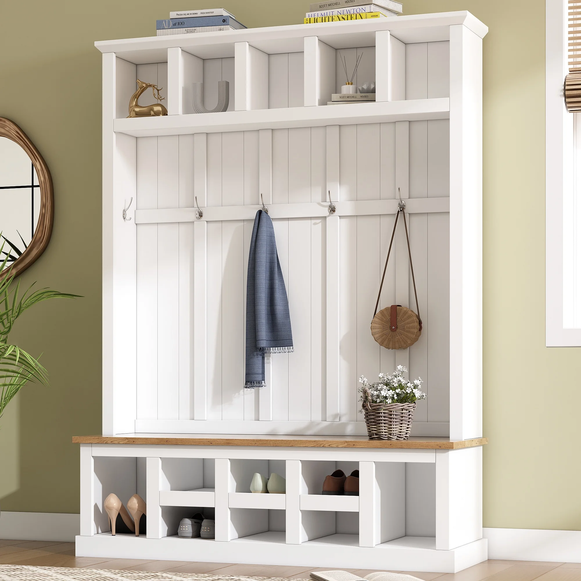 Bellemave 59"W Farmhouse Hall Tree with Storage Shelves and Shoes Rack Multi-functional Coat Rack with Hooks Entryway Shoes Storage Seating Bench Coat Hanger for Hallway (Black, With Shoes Rack)