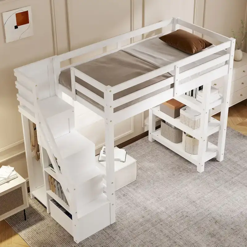 Full/Twin Loft Bed with Storage Stairs - Shelves, Wardrobe & LED Light, Space-Saving Design