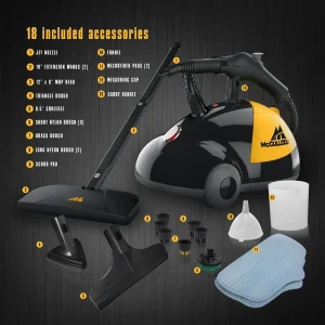McCulloch MC1375 Canister Steam Cleaner with 20 Accessories, Extra Long Power Cord, Chemical Free Cleaning for Most Floors, Counters, Appliances, Windows, Autos, and More, 1 (Pack), Black