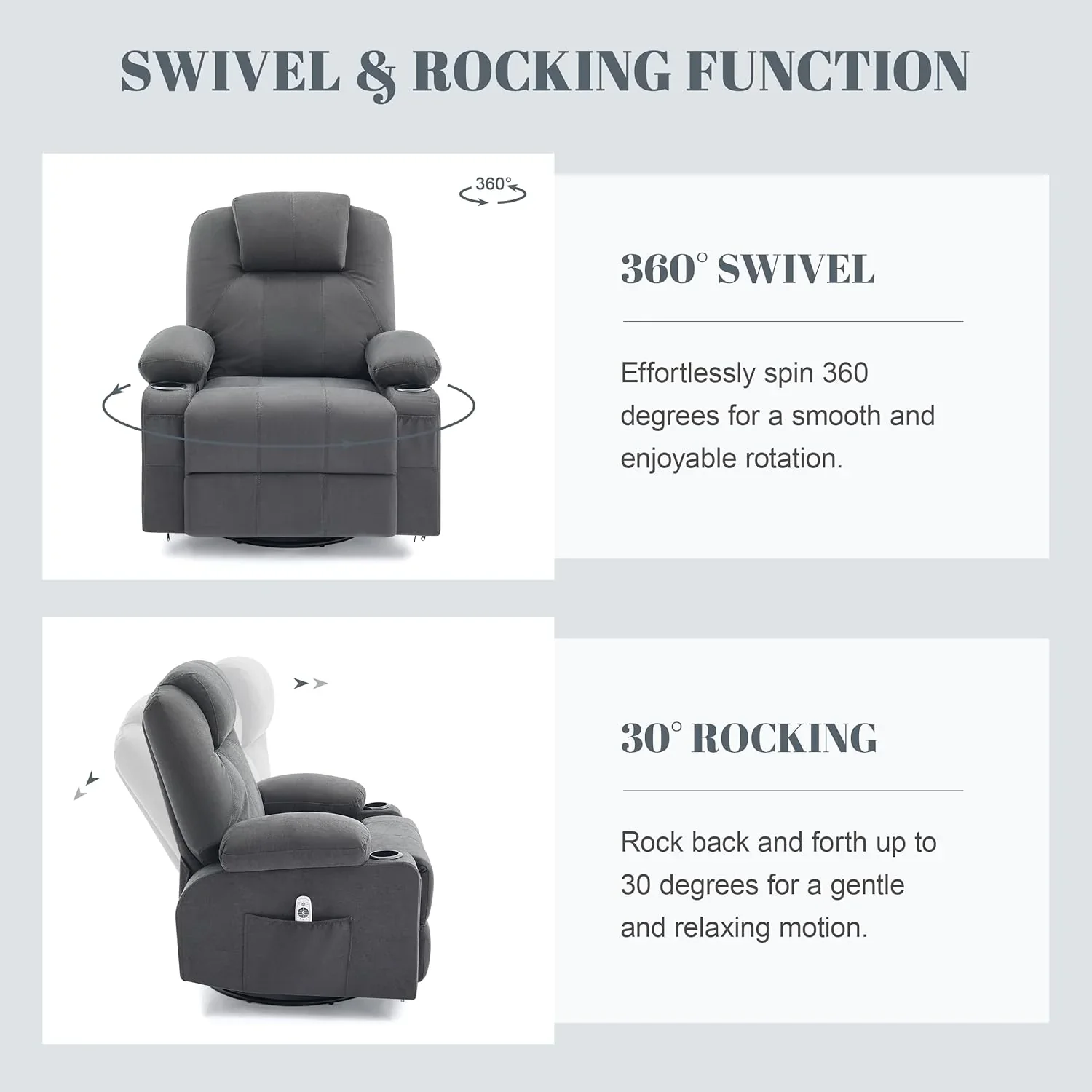 Oversized Swivel Rocker Recliner Chair with Heat and Massage, 360 Degree Swivel Rocking Single Sofa with Cup Holders and USB Port, Large Big Recliner Chair for Living Room (Leather, Brown)