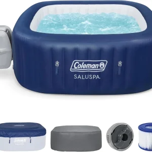 4 to 6 Person Inflatable Hot Tub Square Portable Outdoor Spa with 114 Soothing AirJets and Insulated Cover, Gray-Coleman