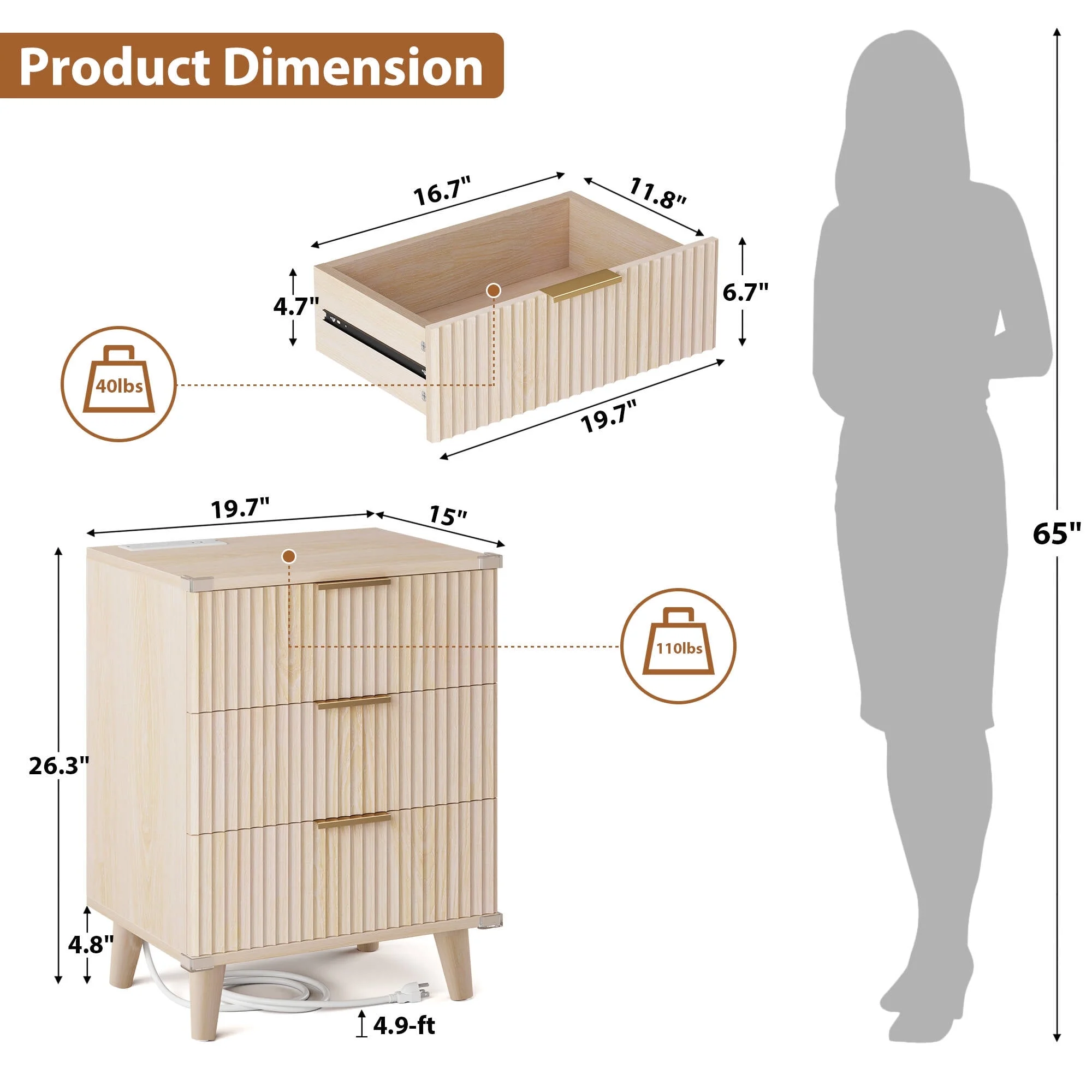 Laintene 3-Piece Boho Bedroom Set - 6-Drawer Dresser & 2 Nightstands with 3 Drawers & USB Charging, Fluted Wooden Storage, Modern Dresser & Nightstand Combo, Natural