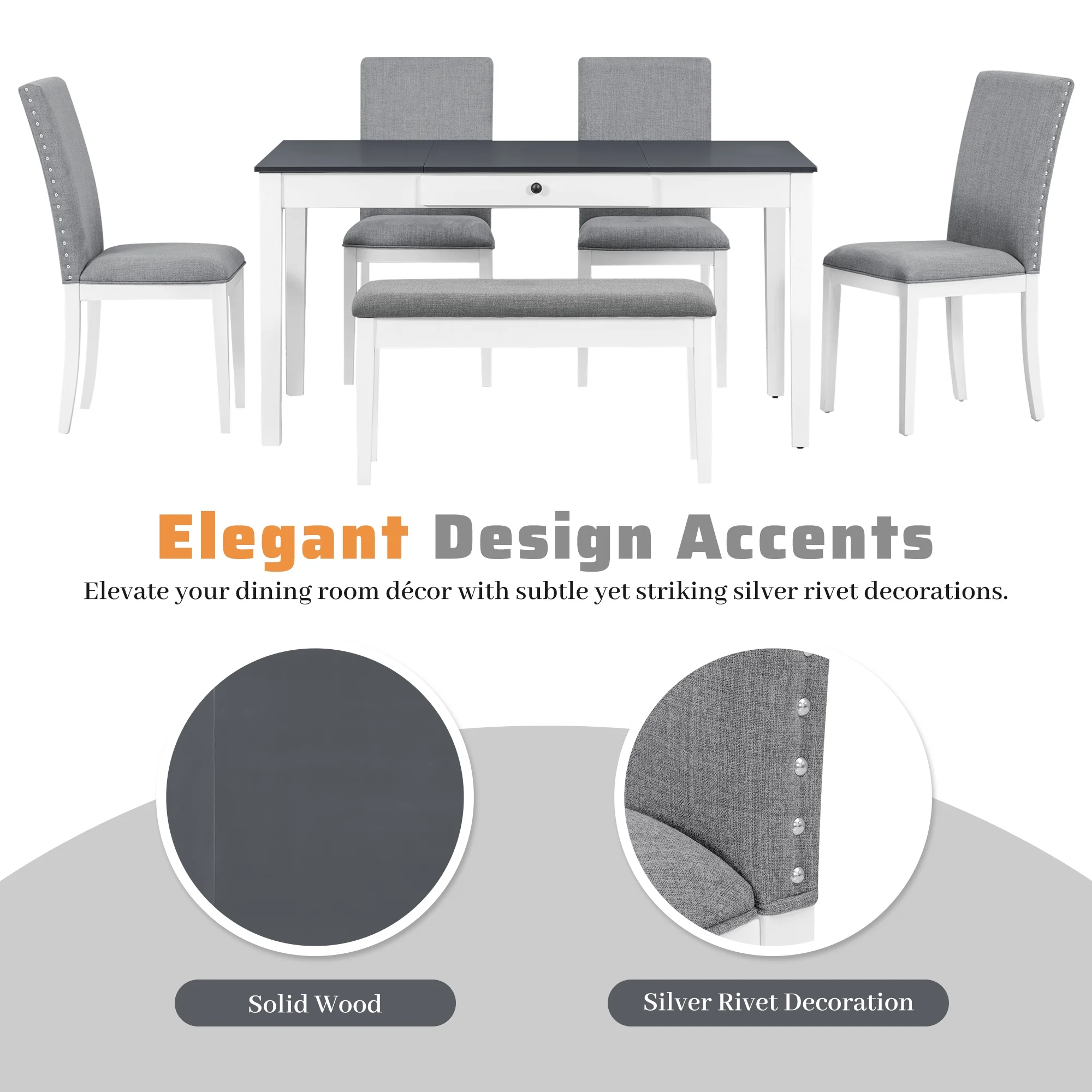 Harper & Bright Designs 6 Pieces Dining Table Set with Bench for 6, Kitchen Table Set with Storage Drawer and 4 Upholstered Dining Chairs, Dark Brown