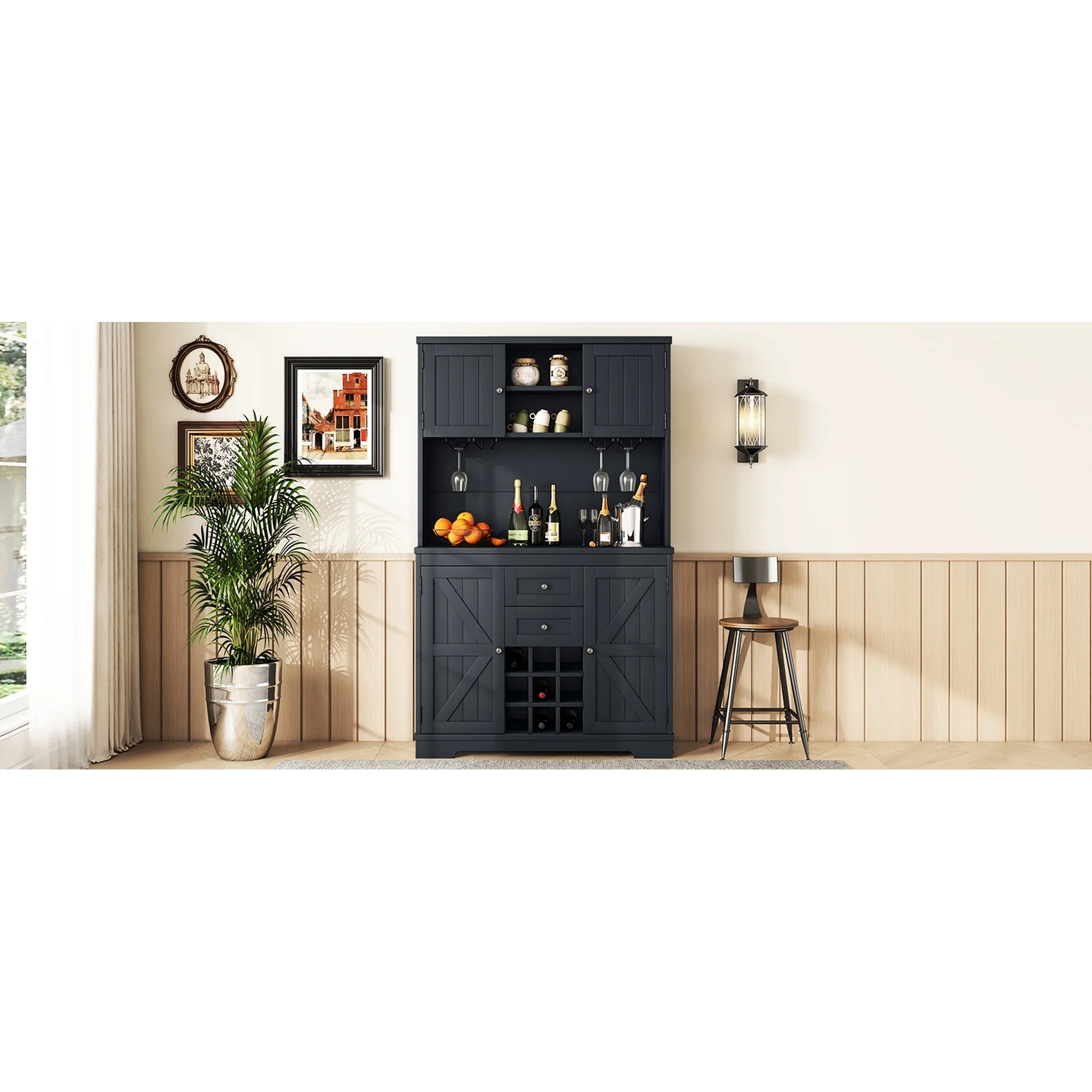 Dark Blue Dining Room Storage Cabinet With Shelves - Coffee Bar Drawers For Kitchen Antique Drawers, Shelves, And Cabinets
