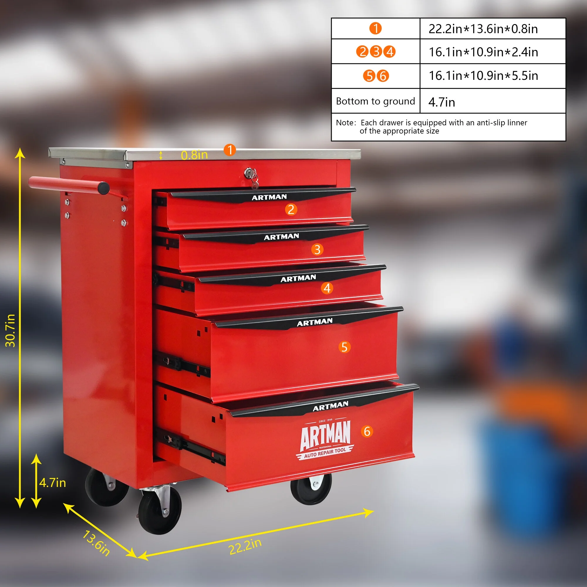 Tool Cabinets 4 Drawers Multifunctional Tool Cart with Wheels,Metal Rolling Tool Cart Storage for Garage Workshop Warehouse Repair Shop--With Stainless Steel Roof- Red&Black,Garage Tool Cabinets